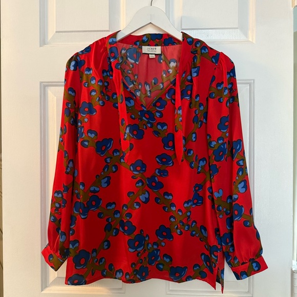 J. Crew Collection Tie-neck top in lattice floral red and blue small AW676 EUC - Picture 2 of 9